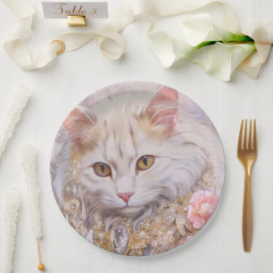 Elegant White Cat in Gold and Diamonds Paper Plate