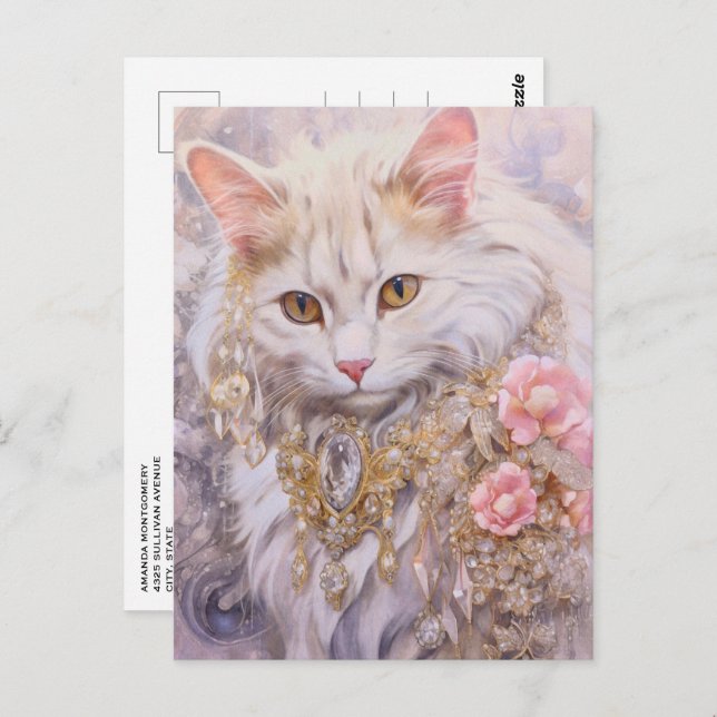 Elegant White Cat in Gold and Diamonds Postcard (Front/Back)