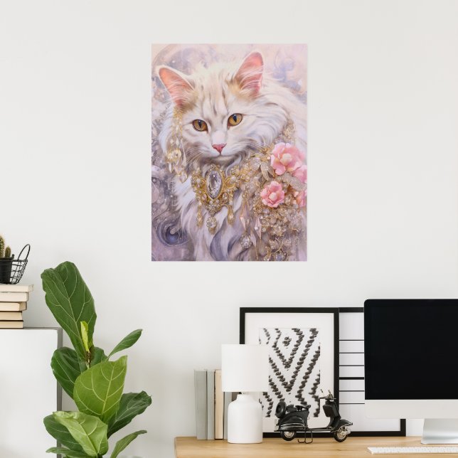 Elegant White Cat in Gold and Diamonds Poster (Home Office)