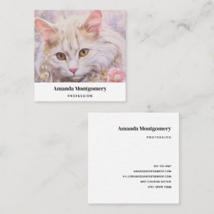 Elegant White Cat in Gold and Diamonds Square Business Card