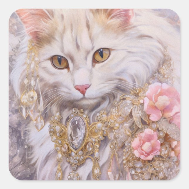 Elegant White Cat in Gold and Diamonds Square Sticker (Front)