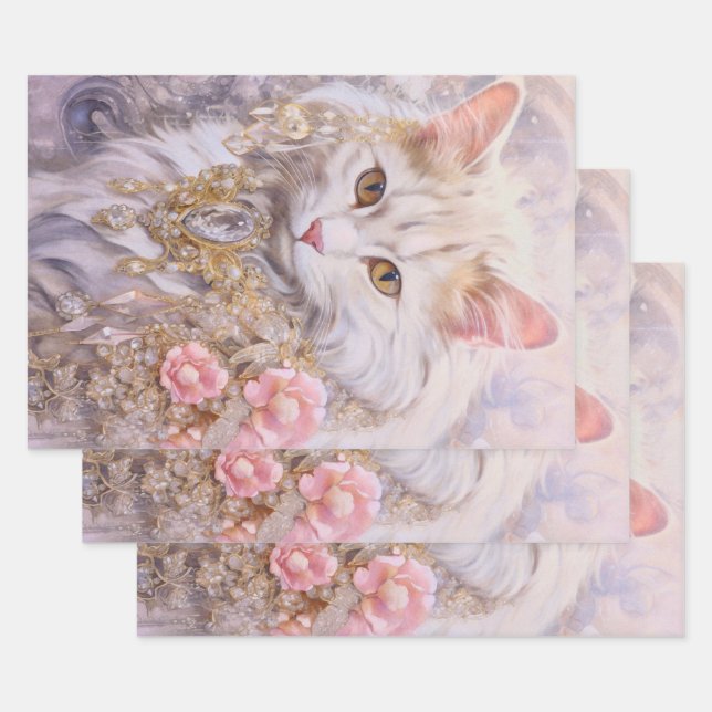 Elegant White Cat in Gold and Diamonds Wrapping Paper Sheet (Set)