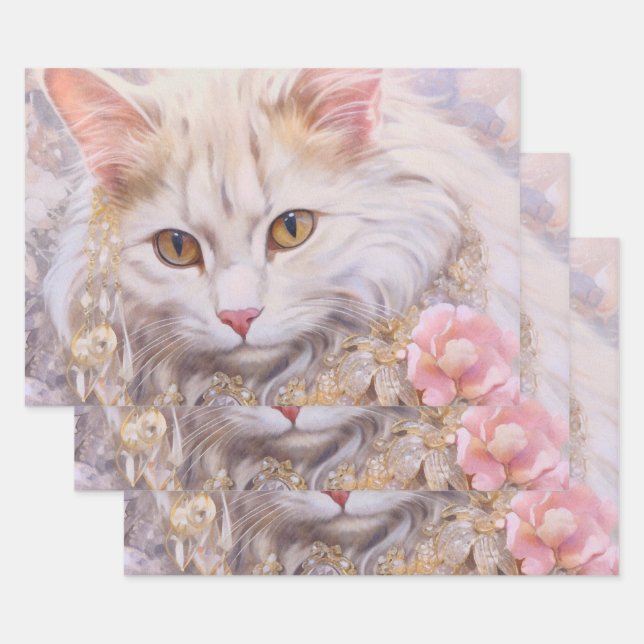 Elegant White Cat in Gold and Diamonds Wrapping Paper Sheet (Set)