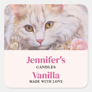 Elegant White Cat in Gold and Jewels Candle Craft Square Sticker