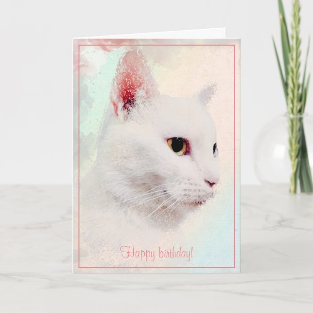 Elegant White Cat Watercolor Birthday Greeting  Card (Front)