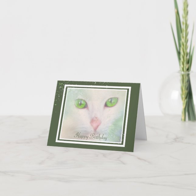 Elegant White Cat with Green Eyes Birthday Card (Front)