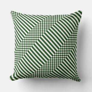 Elegant White Chequered & Stripes Green Cushion