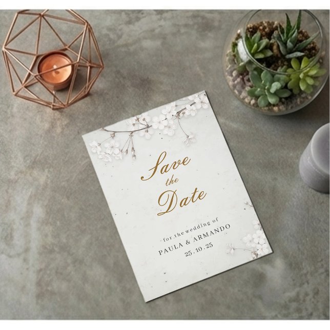 Elegant White Cherry Blossom & Gold Script Save The Date (Creator Uploaded)