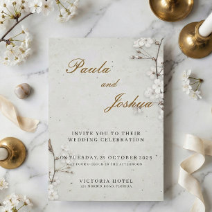 Elegant White Cherry Blossom & Gold Script Wedding Invitation