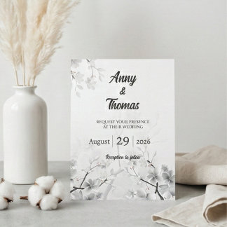 Elegant White Cherry Blossom & Silver Wedding Invitation