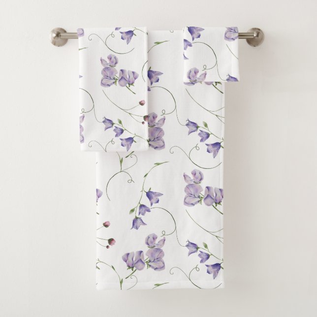 Elegant White Chic Purple Floral Bath Towel Set (Insitu)