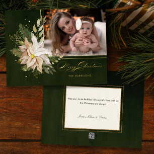 Elegant White Christmas Flowers Calligraphy Photo  Foil Holiday Card