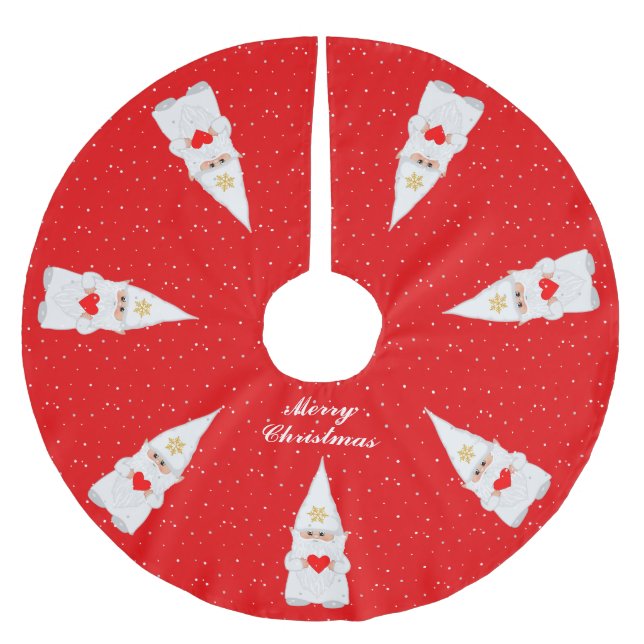Elegant White Christmas Gnomes on Red Brushed Polyester Tree Skirt (Front)