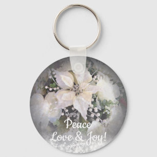 Elegant White Christmas Poinsettia Key Ring