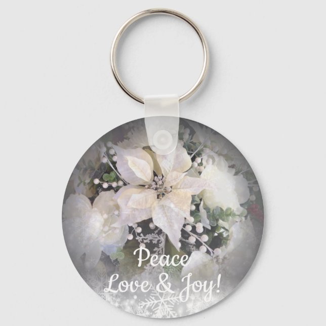 Elegant White Christmas Poinsettia Key Ring (Front)