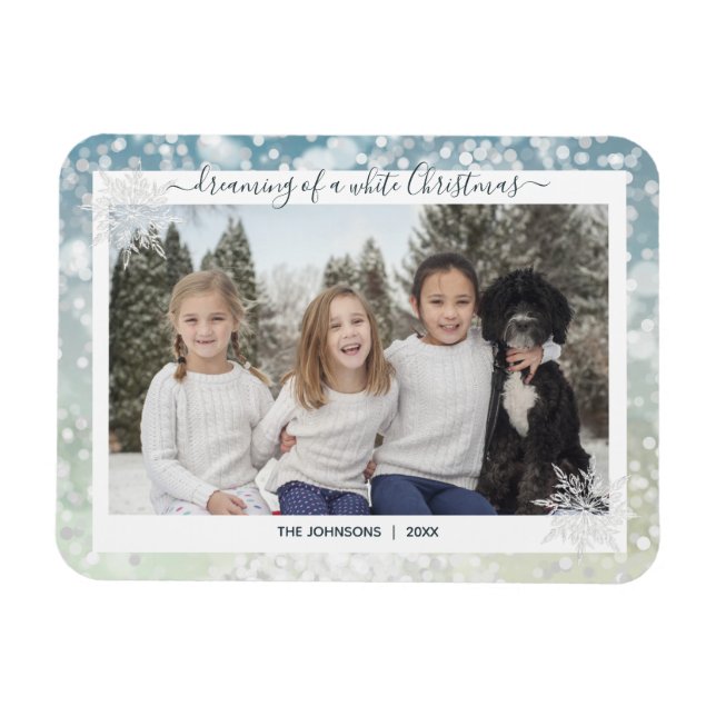 Elegant White Christmas Snowflake Crystal Bokeh Magnet (Horizontal)