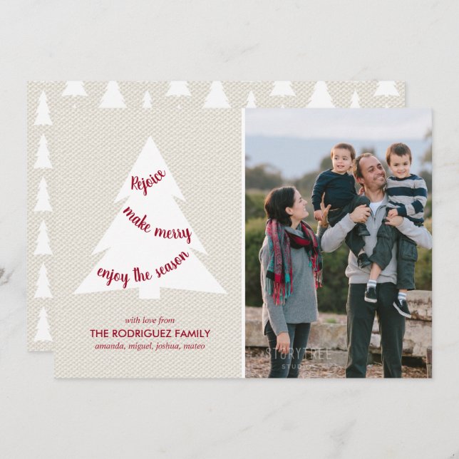 Elegant White Christmas Tree on Beige Custom Photo Holiday Card (Front/Back)