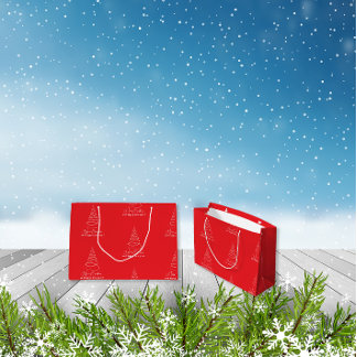 Elegant White Christmas Tree Red Large Gift Bag