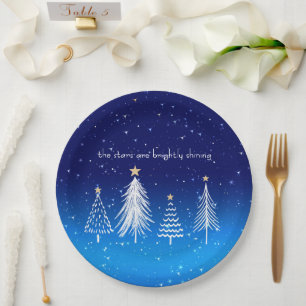 Elegant White Christmas Tree with Gold Stars Paper Plate
