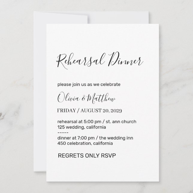 Elegant White Classic Minimalist Rehearsal Dinner  Invitation (Front)