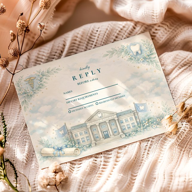 Elegant White Coat Dentist Graduation Party RSVP Card (Creator Uploaded)