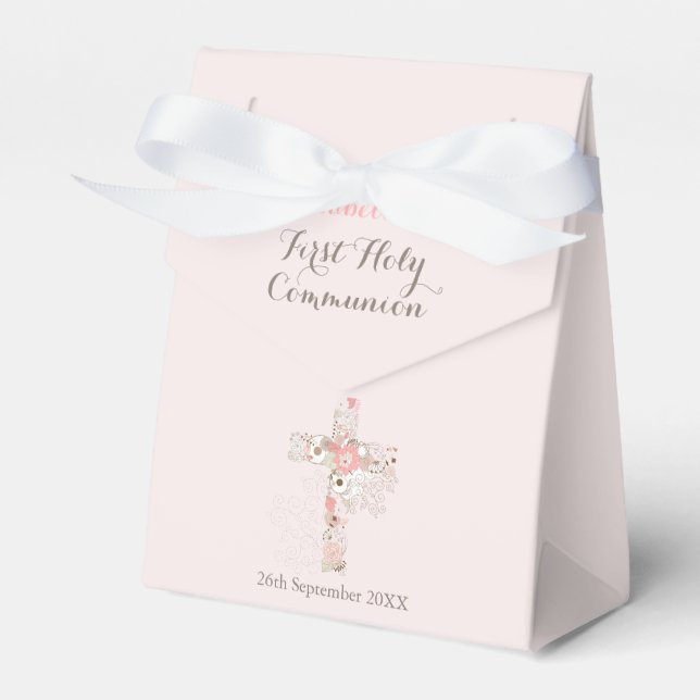 Elegant white communion floral cross  favour box (Front Side)