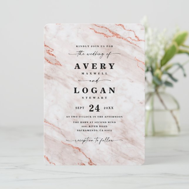 Elegant White & Copper Metallic Marble Wedding Invitation (Standing Front)