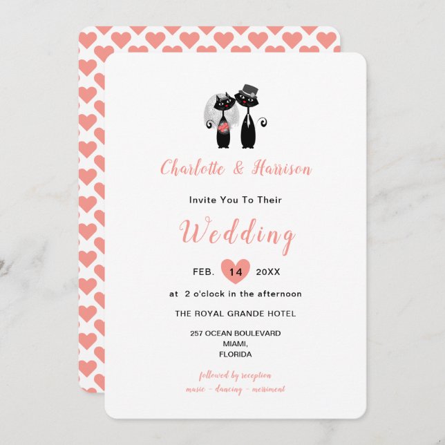 Elegant White Coral Cute Whimsy Black Cats Wedding Invitation (Front/Back)
