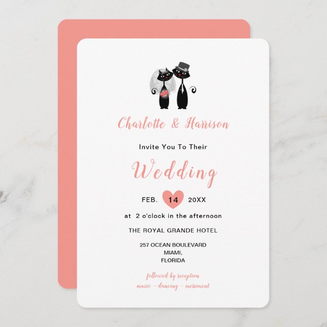 Elegant White Coral Cute Whimsy Black Cats Wedding Invitation (Front/Back)
