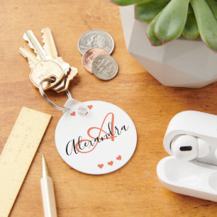 Elegant White Coral Hearts Script Name Monogram Key Ring