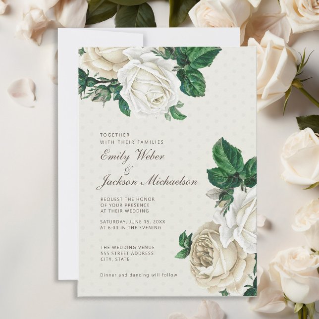 Elegant White Cream Floral Botanical Wedding Invitation (Elegant white roses wedding invitation)