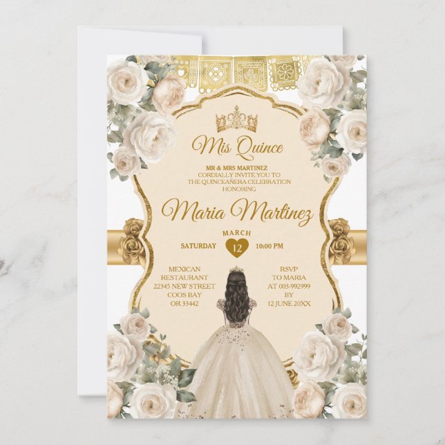Elegant White Cream Floral Princess Quiñceanera Invitation (Front)