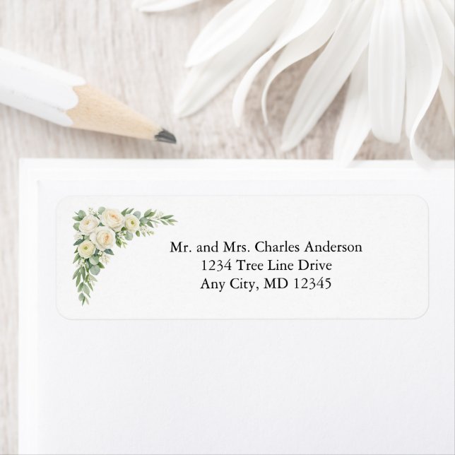 Elegant White Cream Florals Wedding Return Address Label (Insitu)