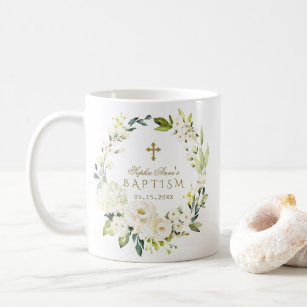 Elegant White Cream Flowers Gold Cross Baptism Coffee Mug