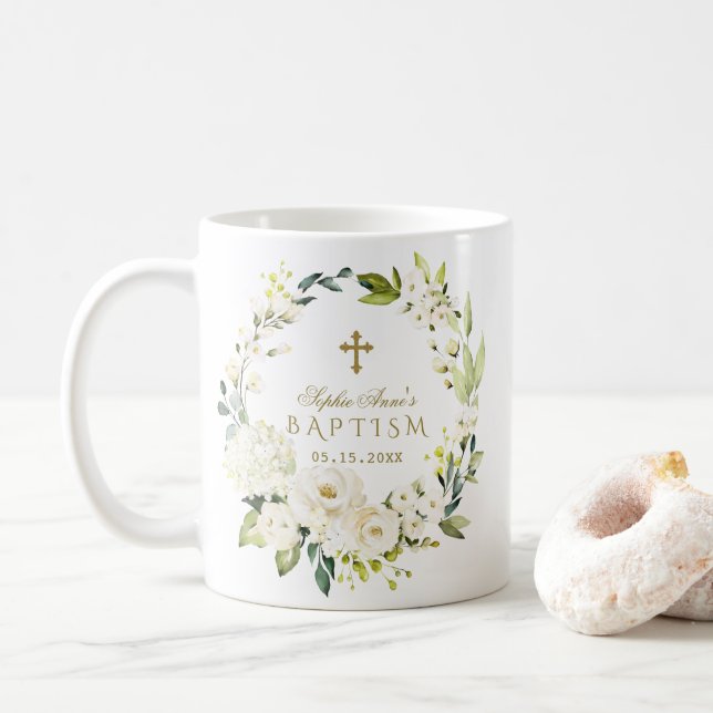 Elegant White Cream Flowers Gold Cross Baptism Coffee Mug (With Donut)