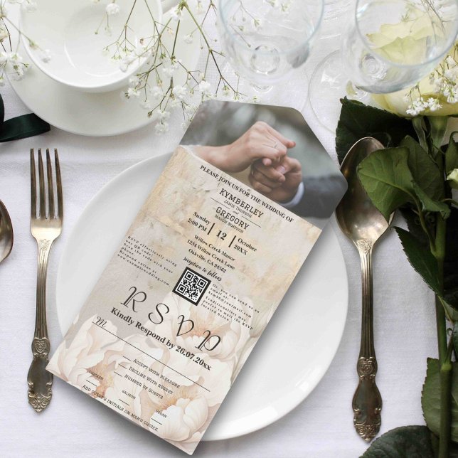 Elegant White Cream Peony Floral QR Code Photo All In One Invitation (Creator Uploaded)