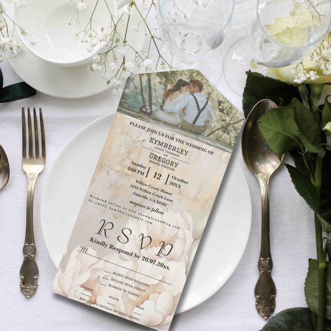 Elegant White Cream Peony Floral Texture One Photo All In One Invitation (Creator Uploaded)