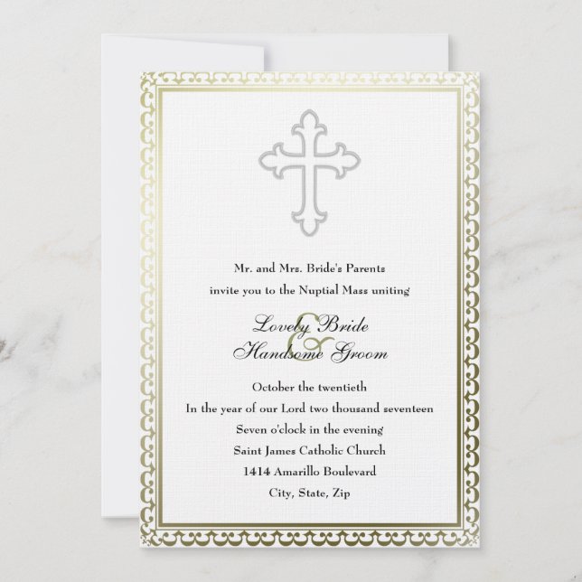 Elegant White Cross Catholic Wedding Invitation (Front)