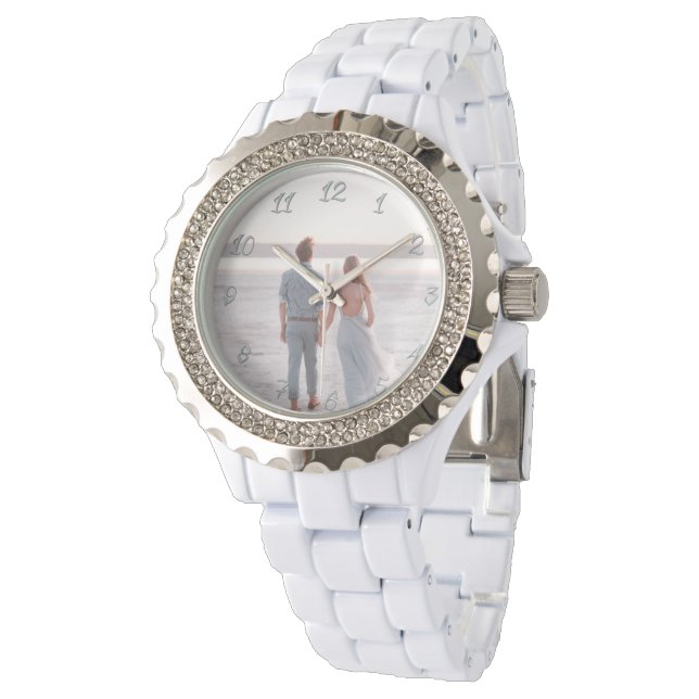Elegant White Crystals Customisable Photo Gift Watch (Angled)
