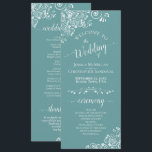 Elegant White Curls on Aqua Teal Fancy Wedding Program<br><div class="desc">This beautiful wedding program features an elegant design with white text on a teal, turquoise, or aqua coloured background and lacy white curls and swirls in the corners. The titles are written in fancy script calligraphy, and there is space for your ceremony and wedding party details, as well as a...</div>