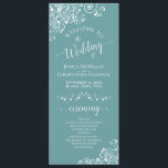 Elegant White Curls on Aqua Teal Fancy Wedding Program<br><div class="desc">This beautiful wedding program features an elegant design with white text on a teal, turquoise, or aqua coloured background and lacy white curls and swirls in the corners. The titles are written in fancy script calligraphy, and there is space for your ceremony and wedding party details, as well as a...</div>