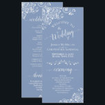 Elegant White Curls on Dusty Blue Fancy Wedding Program<br><div class="desc">This beautiful wedding program features an elegant design with white text on a dusty blue or periwinkle coloured background and lacy white curls and swirls in the corners. The titles are written in fancy script calligraphy, and there is space for your ceremony and wedding party details, as well as a...</div>