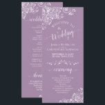 Elegant White Curls on Lavender Purple Wedding Program<br><div class="desc">This beautiful wedding program features an elegant design with white text on a light purple or lavender coloured background and lacy white curls and swirls in the corners. The titles are written in fancy script calligraphy, and there is space for your ceremony and wedding party details, as well as a...</div>