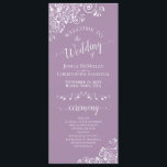 Elegant White Curls on Lavender Purple Wedding Program<br><div class="desc">This beautiful wedding program features an elegant design with white text on a light purple or lavender coloured background and lacy white curls and swirls in the corners. The titles are written in fancy script calligraphy, and there is space for your ceremony and wedding party details, as well as a...</div>