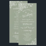Elegant White Curls on Sage Green Fancy Wedding Program<br><div class="desc">This beautiful wedding program features an elegant design with white text on a sage green background and lacy white curls and swirls in the corners. The titles are written in fancy script calligraphy, and there is space for your ceremony and wedding party details, as well as a short thank you...</div>