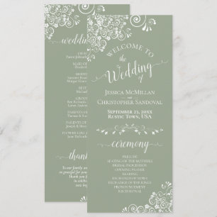 Elegant White Curls on Sage Green Fancy Wedding Program