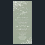 Elegant White Curls on Sage Green Fancy Wedding Program<br><div class="desc">This beautiful wedding program features an elegant design with white text on a sage green background and lacy white curls and swirls in the corners. The titles are written in fancy script calligraphy, and there is space for your ceremony and wedding party details, as well as a short thank you...</div>