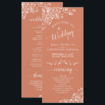 Elegant White Curls on Terracotta Coral Wedding Program<br><div class="desc">This beautiful wedding program features an elegant design with white text on a terracotta, coral, or light orange coloured background and lacy white curls and swirls in the corners. The titles are written in fancy script calligraphy, and there is space for your ceremony and wedding party details, as well as...</div>