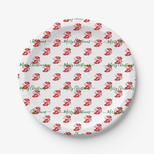 Elegant White Custom Christmas Holly Paper Plate (Front)