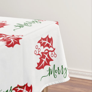 Elegant White Custom Christmas Holly Tablecloth
